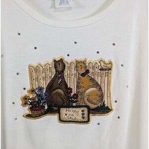 Quacker Factory Shirt Womens Medium Ivory Cat Applique Rhinestones Garden Cute
